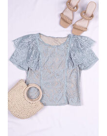 Lace Overlay Frill Sleeve Lace Trim Top (Grey Blue)